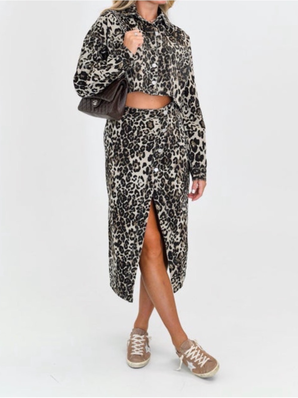 Leopard Print Midi Skirt - Taupe/Black High-Waist Slit